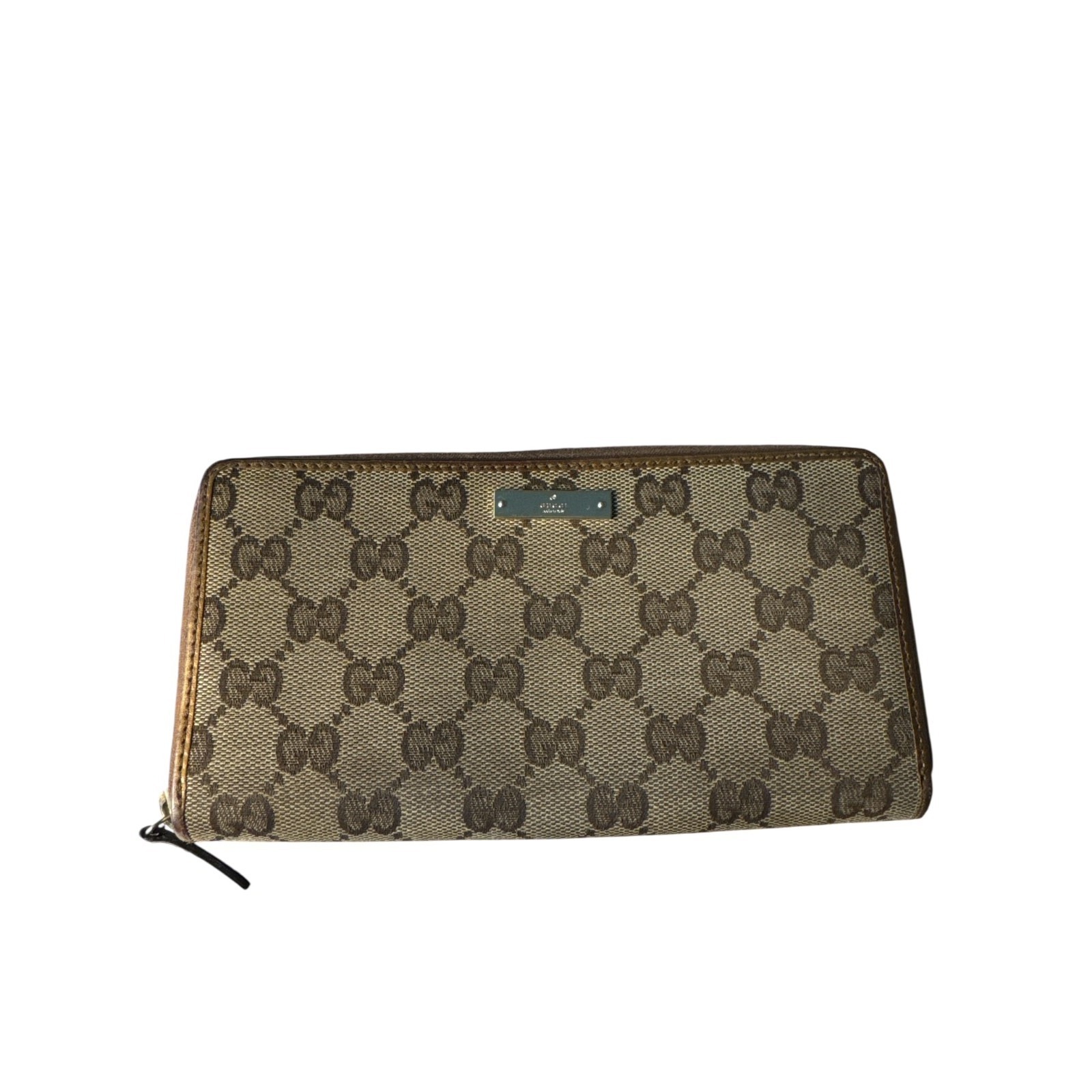 Vintage Gucci Gg Monogram Zip Around Y2k Wallet Brown Beige Canvas Leather